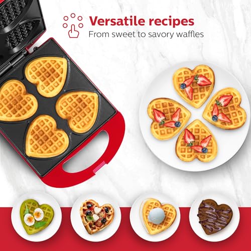 Holstein Housewares 4-Section Heart Shaped Waffle Maker, Non-Stick Waffle Iron, Mini Waffle Maker for Kids, Non-Toxic Coating, Easy to Clean, Makes 4 Heart-Shaped Waffles in Minutes, Red