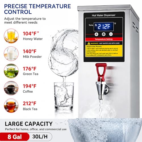 Commercial Hot Water Dispenser Countertop Water Boiler, 1600W 30L | 8GAL per Hour, Instant Hot Water Machine, Step-heating & 86-212°F Temperature Control, For Boba Tea Shop, Cafe, Office