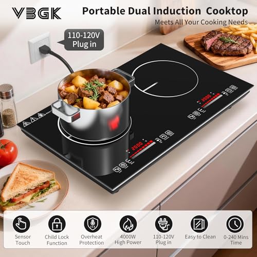 VBGK 2 burner Induction cooktop,110V 4000Winduction hot plate with touch Control,9 Power Levels, Kids Lock & Timer,LED touch control 2ourner induction cooker
