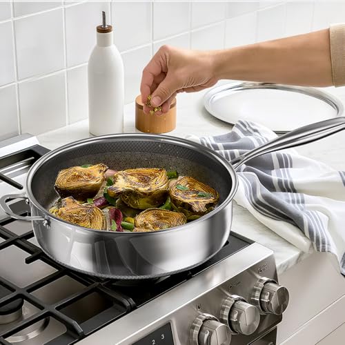 KURRUNGIE 5 Qt Sauté Pan with Lid, 10-inch 5 Ply Stainless Steel Sauce Pan with Lid, Non Stick Frying Pans, Cooking Pot Deep Frying Pan Non-Toxic, For Induction, Oven, Dishwasher Safe