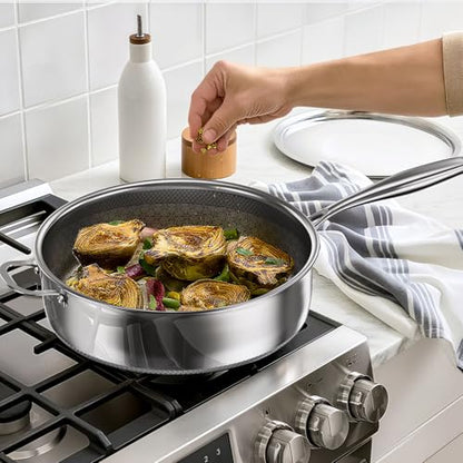 KURRUNGIE 5 Qt Sauté Pan with Lid, 10-inch 5 Ply Stainless Steel Sauce Pan with Lid, Non Stick Frying Pans, Cooking Pot Deep Frying Pan Non-Toxic, For Induction, Oven, Dishwasher Safe