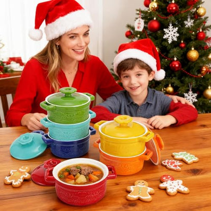 Hacaroa Set of 6 Mini Cocotte with Lid, 8 Oz Ceramic Ramekins with Handles, Small Casserole Dishes Individual Serving Pot for Baking, Soufflé, Soup, Cobbler, Oven Safe, 6 Colors