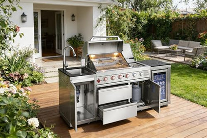 85 Inch Outdoor Kitchen Island with Bar Table, 4 Burner Propane Gas BBQ Grill 71500 BTU, 304 Stainless Steel, Single-Door Refrigerator, Stainless Steel Sink with Faucet, For Backyard BBQ, Sliver
