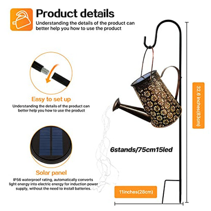Outdoor Solar Watering Can with Lights Garden Decor Large Solar Powered Lanterns Hanging Waterproof LED Decorative Retro Metal Kettle String Lights for Table Yard Pathway Walkway Gardening Gifts