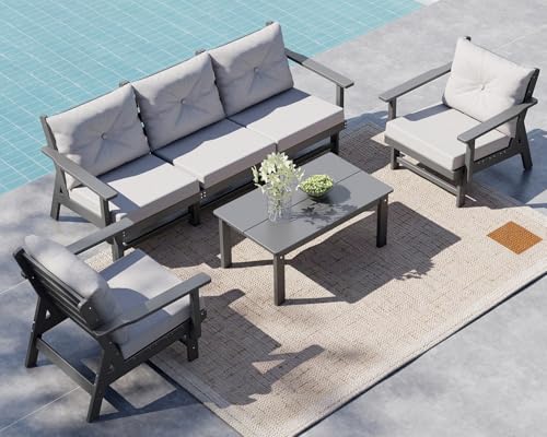 GREENVINES 6 Piece Patio Conversation Set, HDPE All Weather Couches, Gray