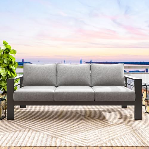 Aluminum Outdoor Couch, 3-Seat Metal Patio Sofa with 10" Back Cushion