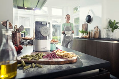 Philips Kitchen Appliances Compact Pasta and Noodle Maker, Viva Collection, Comes with 3 Default Classic Pasta Shaping Discs, Fully Automatic, Recipe Book, Small, White (HR2370/05)