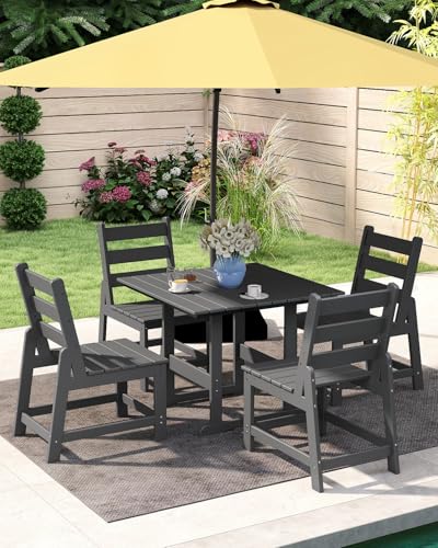 GREENVINES 5-Piece-Outdoor-Dining-Set | HDPE | Square | Patio Furniture | All Weather | Armless Chair | Slatted Table and Chairs Sets for 4 | for Backyard Poolside Garden | Grey