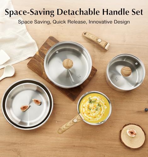 KOCH SYSTEME CS Stainless Steel Cookware Set, 18/10 Stainless Steel Pots and Pans Set 11PCS, Detachable Handle Pots and Pans for Easy Storage, Removable Handle Cooking Set, Induction Compatible