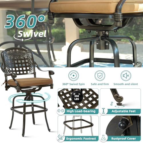 MEETWARM 10-Piece Outdoor Bar Set, All Weather Cast Aluminum High Patio Dining Set with 8 Cushioned Swivel Bar Stools, Large 64" Square Patio Bar Height Table with Detachable Lazy Susan, Umbrella Hole