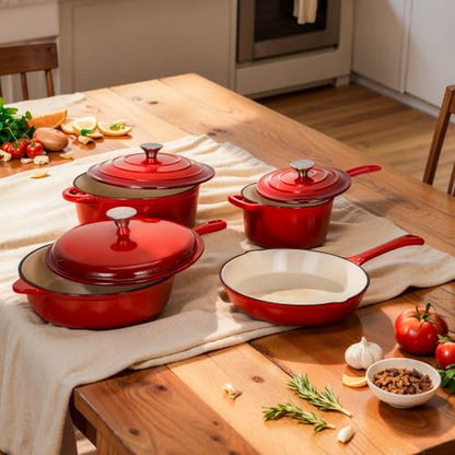 DishDelight Enameled Cast Iron Cookware Set, 7 Piece Induction Dutch Oven Set with Lid, Red Pots and Pans Set Nonstick, PFOA&PFAS Free