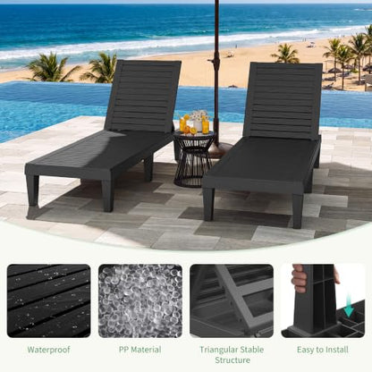 Outdoor Chaise Lounges, Patio Lounge Chair, Black Wood Grain, Set of 2