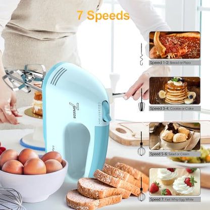 LILPARTNER Hand Mixer Electric, Ultra Power Kitchen Hand Mixer With 7-Speed & 5 Stainless Steel Accessories for Whipping Dough, Cream, Cake, Dishwasher Safe, Light Blue