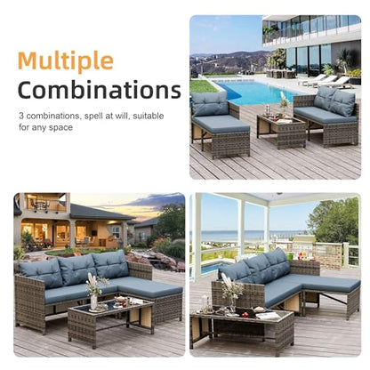 Shintenchi 3 Pieces Patio Furniture Set,Outdoor Sectional Sofa,Blue-Gray