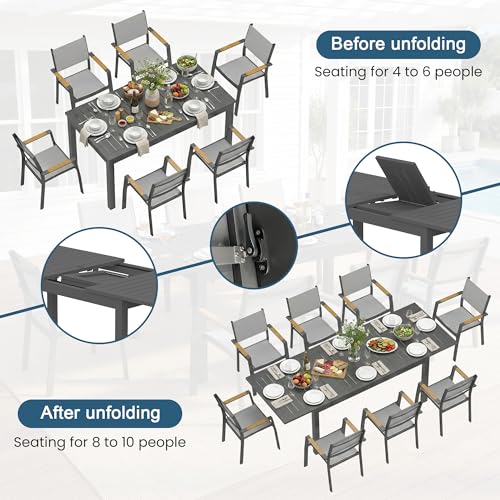 FansaFurn Patio Furniture Set with 92" Extendable Dining Table, Patio Table Set for 4–8 People, All-Weather Aluminum Outdoor Furniture, Outdoor Dining Set for Backyard, Porch, and Garde, Grey