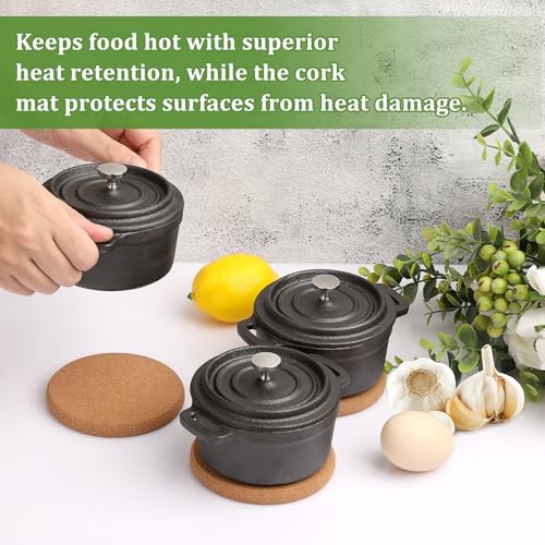 OGANAZI 3 Pcs Mini Cast Iron Dutch Oven Set – 8 oz Garlic Roaster Cocotte Pots with Lids, Handles and Cork Pan Mats Small Cast Iron Pots for Baking, Roasting, BBQ Grill, Stovetop and Oven Use