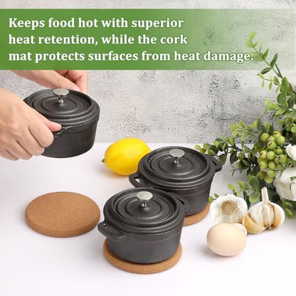 OGANAZI 3 Pcs Mini Cast Iron Dutch Oven Set – 8 oz Garlic Roaster Cocotte Pots with Lids, Handles and Cork Pan Mats Small Cast Iron Pots for Baking, Roasting, BBQ Grill, Stovetop and Oven Use