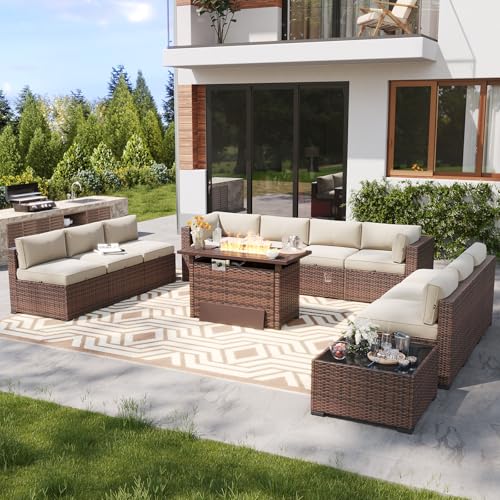 LazySunsets 12 Piece Outdoor Patio Furniture Set with 44'' Fire Pit Table, Outdoor Patio Furniture Sets with 4'' Thicken Cushion, Wicker Rattan Outdoor Conversation Set for Backyard & Garden, Beige
