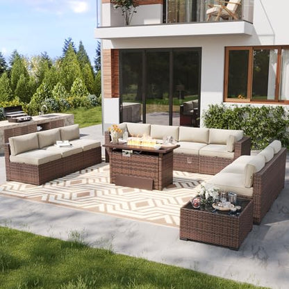 LazySunsets 12 Piece Outdoor Patio Furniture Set with 44'' Fire Pit Table, Outdoor Patio Furniture Sets with 4'' Thicken Cushion, Wicker Rattan Outdoor Conversation Set for Backyard & Garden, Beige