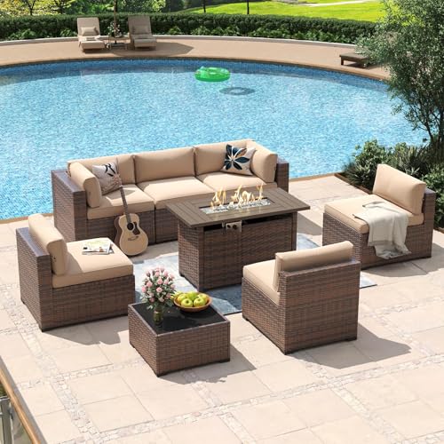 Aoxun 8 Piece Patio Furniture Set with 44” Fire Pit Table Wicker Rattan Outdoor Sectional Sofa Set with Coffee Table and Thickened Cushions, Beige (Waterproof Cover Included)