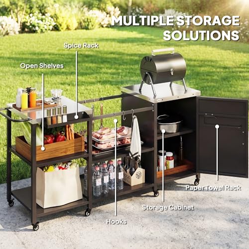 Outsunny Grill Table for Big Green Egg Grill, Heavy Duty Metal BBQ Prep Table with Stainless Steel Top, Storage Cabinet, Spice Rack, Paper Towel Rack, Outdoor Kitchen Island with Wheels, Hooks, Handle