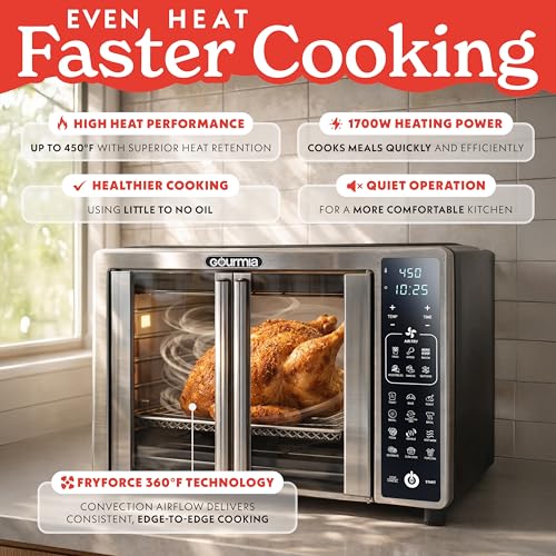 Gourmia Air Fryer French Door Toaster Oven - 6-Slice Capacity, LED Display with 19 Cooking Presets, Stainless Steel