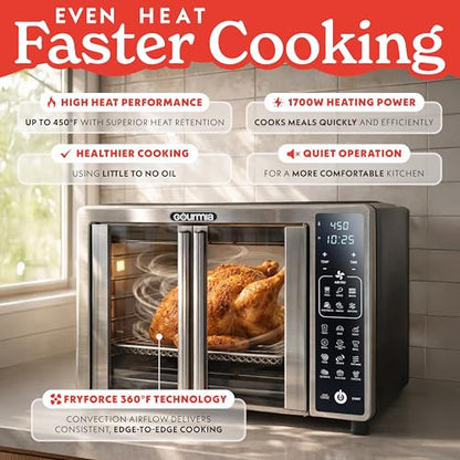 Gourmia Air Fryer French Door Toaster Oven - 6-Slice Capacity, LED Display with 19 Cooking Presets, Stainless Steel