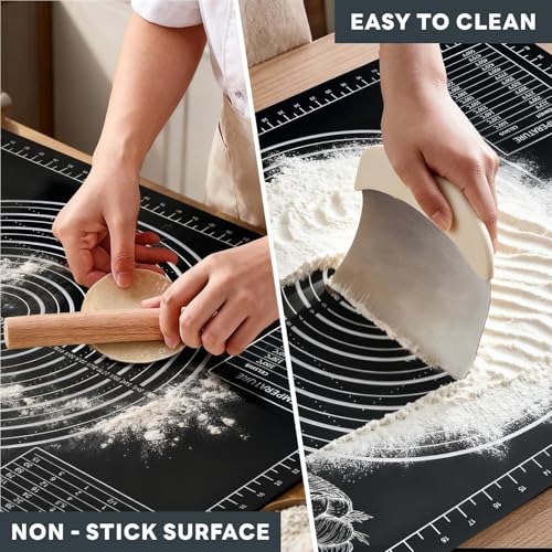 Nauvora Extra Large Baking Mat - 28" Silicone Pastry Mat, Reusable Non-Stick Dough Mat with Measurement for Fondant, Rolling Dough, Pie Crust, Pizza and Cookies, Black