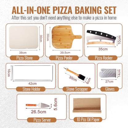 ZONZEST 8 PCS Pizza Stone Set, Extra Large 15×12 Inch Pizza Stone for Grill, Rectangle Baking Sone With Pizza Kit for Pizza, Bread, BBQ Grilling, Pizza Peel Set