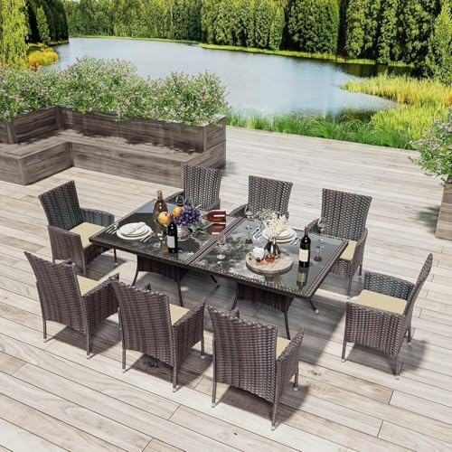 RTDTD 10 Pieces Outdoor Patio Dining Set,Patio Table and Chairs Rattan Outdoor Patio Furniture Set with Umbrella Hole,Dining Table Set for 8 with Chairs for Backyard,Garden and Kitchen,Brown