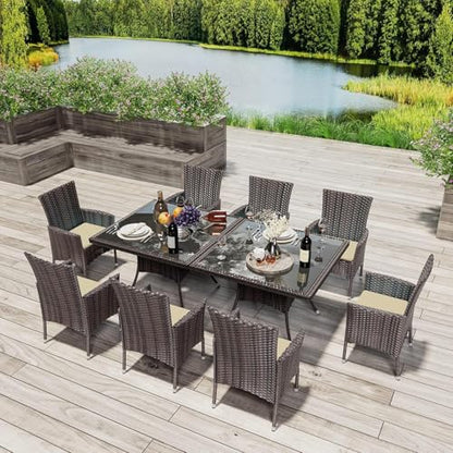 RTDTD 10 Pieces Outdoor Patio Dining Set,Patio Table and Chairs Rattan Outdoor Patio Furniture Set with Umbrella Hole,Dining Table Set for 8 with Chairs for Backyard,Garden and Kitchen,Brown