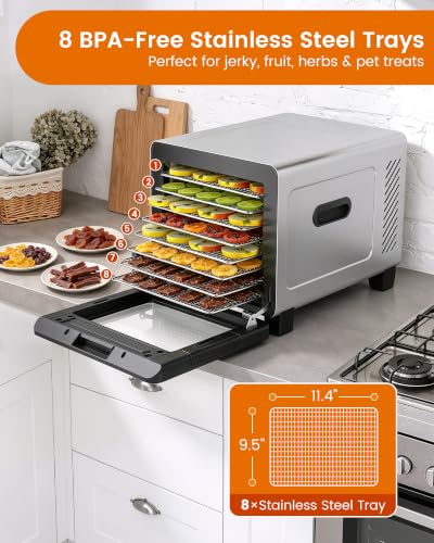 Saenchue Food Dehydrator Machine, 720W 8-Tray Stainless Steel Dryer with Clear Window Door, 95-170°F Digital Temp Control & 24H Timer, 360° Airflow for Jerky, Fruit, Herbs, Dog Treats