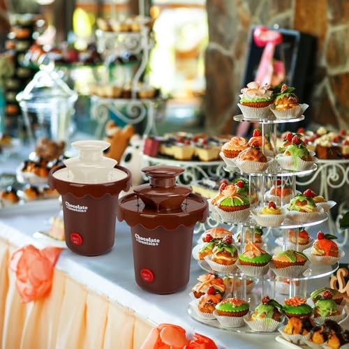 Yummy Sam 6oz Mini Chocolate Fountain Machine, 2 Tier Tower Plastic Cheese Electric Fountain BPA Free, Chocolate Melt Machine, for 2-3 People, Parties, 200ml Capacity with 10 Plastic Forks