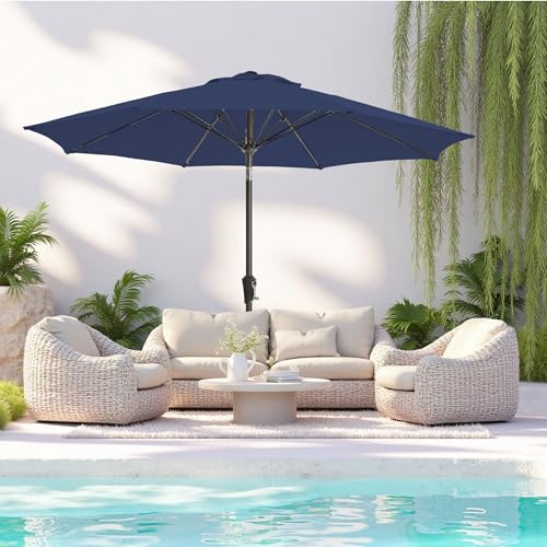 GREFORG 9FT Large Outdoor Patio Umbrella Pool Market Umbrella-UV Resistant, Easy Push Button Tilt and Crank, 8 Sturdy Ribs Heavy-Duty Table Umbrella for Deck, Backyard,Garden (Navy)