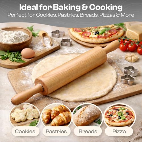 Wooden Rolling Pin 17.6 Inch with Rotating Ergonomic Handles – Classic Beech Wood Dough Roller for Baking Pizza, Pastry, Bread, and Cookies