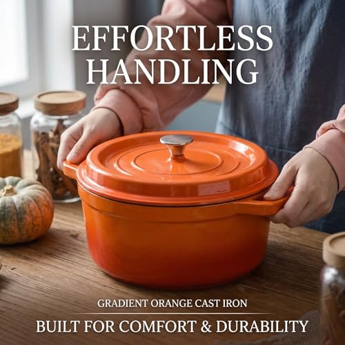 YJX Cast Iron Dutch Oven Pot with Lid, Enameled Cast Iron Pot, Orange Bread Dutch Oven, 4QT Heavy-Duty Cookware Oven Safe to 500°F for Bread Baking, Braising, Stews, Roasting