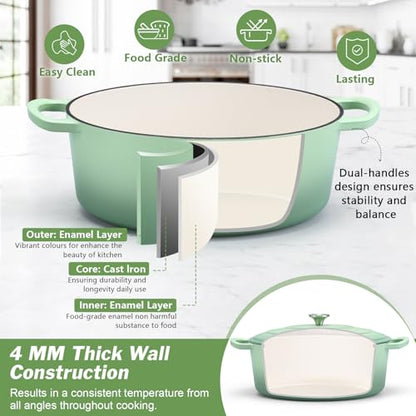 P&P CHEF Oval Dutch Oven with Lid, Enameled Cast Dutch Oven Pot for Bread Baking, Braising, Stewing, Roasting, Non-Stick & Oven Safe, Dual Handles & Easy Clean, 5QT & Pistachio Green, Valentine's Day