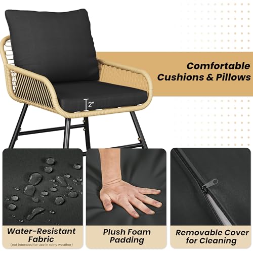 Yaheetech 4 Piece Patio Furniture Set, Outdoor Wicker Conversation Sets, Boho Loveseat & 2 Armchairs with Cushion and Pillow, Glass Top Table for Backyard, Porch, Balcony, Deck - Tan/Black
