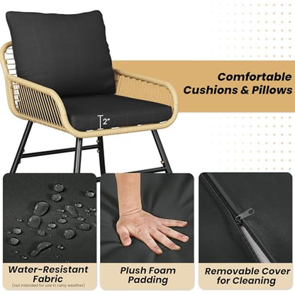 Yaheetech 4 Piece Patio Furniture Set, Outdoor Wicker Conversation Sets, Boho Loveseat & 2 Armchairs with Cushion and Pillow, Glass Top Table for Backyard, Porch, Balcony, Deck - Tan/Black
