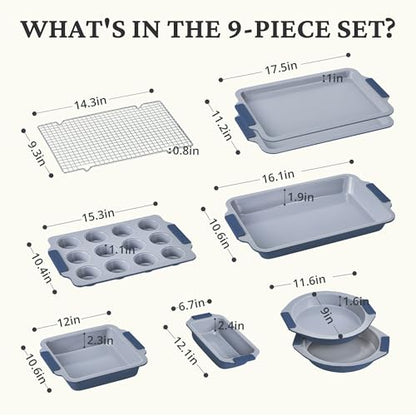 BRONYPRO Nonstick Ceramic Bakeware Set (9 Pieces),Heavy Duty Aluminized Steel Bakeware-Baking Pans Set with Silicone Handles,Includes Sheet Pans,Loaf Pan,Muffin pan,Cake pans,PTFE & PFOA Free - Blue