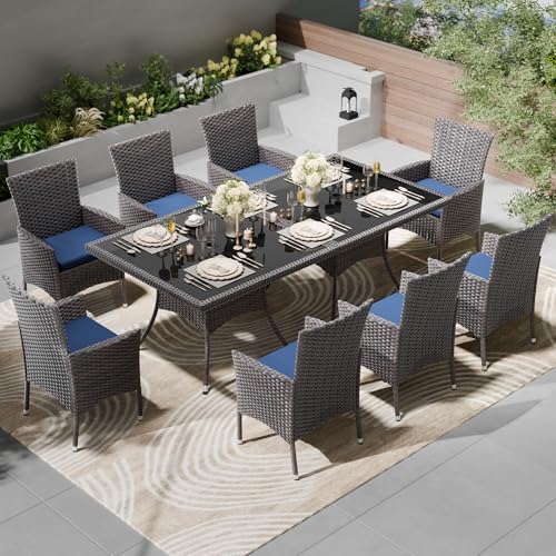 Kullavik 10 Pieces Outdoor Dining Set Patio Rattan Furniture Set,Patio Dining Table and Chairs Set with 8 Chairs and Cushions,Square Glass Tabletop with Umbrella Hole for Patio,Backyard,Navy Blue