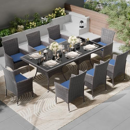 Kullavik 10 Pieces Outdoor Dining Set Patio Rattan Furniture Set,Patio Dining Table and Chairs Set with 8 Chairs and Cushions,Square Glass Tabletop with Umbrella Hole for Patio,Backyard,Navy Blue