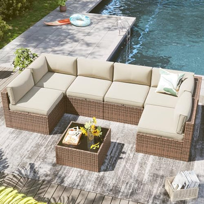 LazySunsets 7 Piece Outdoor Patio Furniture Set with Coffee Table, Outdoor Patio Furniture Sets with Waterproof Cover, Wicker Rattan Outdoor Conversation Set for Backyard & Garden, Beige