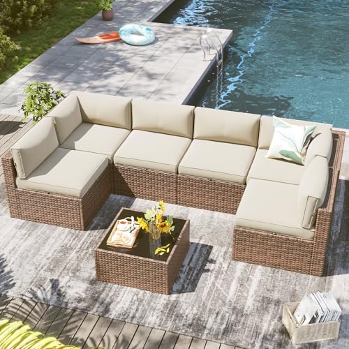 LazySunsets 7 Piece Outdoor Patio Furniture Set with Coffee Table, Outdoor Patio Furniture Sets with Waterproof Cover, Wicker Rattan Outdoor Conversation Set for Backyard & Garden, Beige