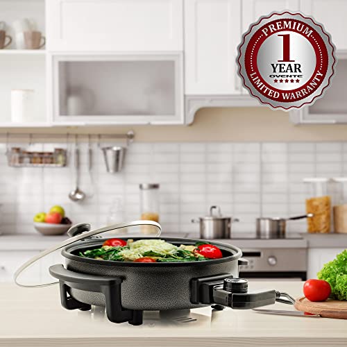 OVENTE 11.5-Inch Electric Skillet & Frying Pan, 1400W Nonstick Cooking Pan with Adjustable Temperature Control, Tempered Glass Lid with Steam Vent, Cool-Touch Handles, Easy-Clean Black SK11112B