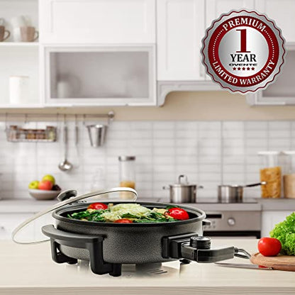 OVENTE 11.5-Inch Electric Skillet & Frying Pan, 1400W Nonstick Cooking Pan with Adjustable Temperature Control, Tempered Glass Lid with Steam Vent, Cool-Touch Handles, Easy-Clean Black SK11112B