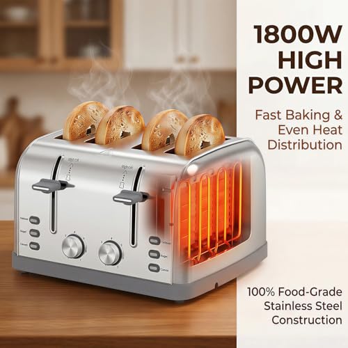 Toaster 4 Slice Retro Stainless Steel,Best Prime 4 Slice Toaster Wide Solt with 7 Shade Settings, Perfect for Waffles, Bagels and More Lainsten T-527