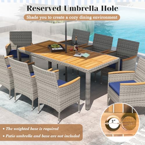 COSTWAY 9-Piece Patio Dining Set for 8, Outdoor Rattan Wicker Table and Chairs Furniture Set with Umbrella Hole, Acacia Wood Tabletop for Backyard, Balcony, Poolside, Grey & Navy