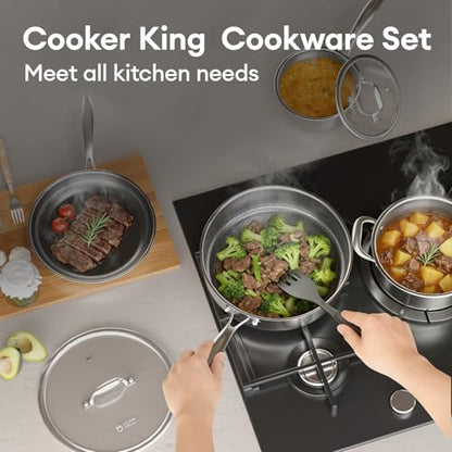 COOKER KING 7 PCS Stainless Steel Cookware Set, Pots and Pans Set Non Stick, Hybrid Cookware,Non-Stick Frying Pan, Saucepan, Saute Pan & Stockpot, Non-Toxic, Oven Safe, Induction Compatible