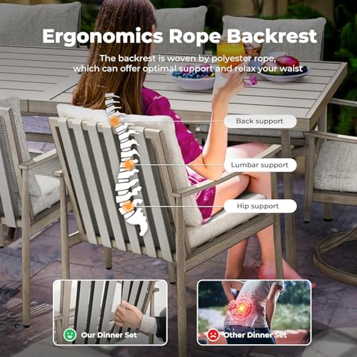 HAPPATIO 9-Piece Patio Table and Chairs Set for 8, Aluminum Outdoor Dining Set with Cushions, 8 Dining Chairs, 1 Large Rectangular Table with Umbrella Hole for Lawn, Porch, Backyard, Grey